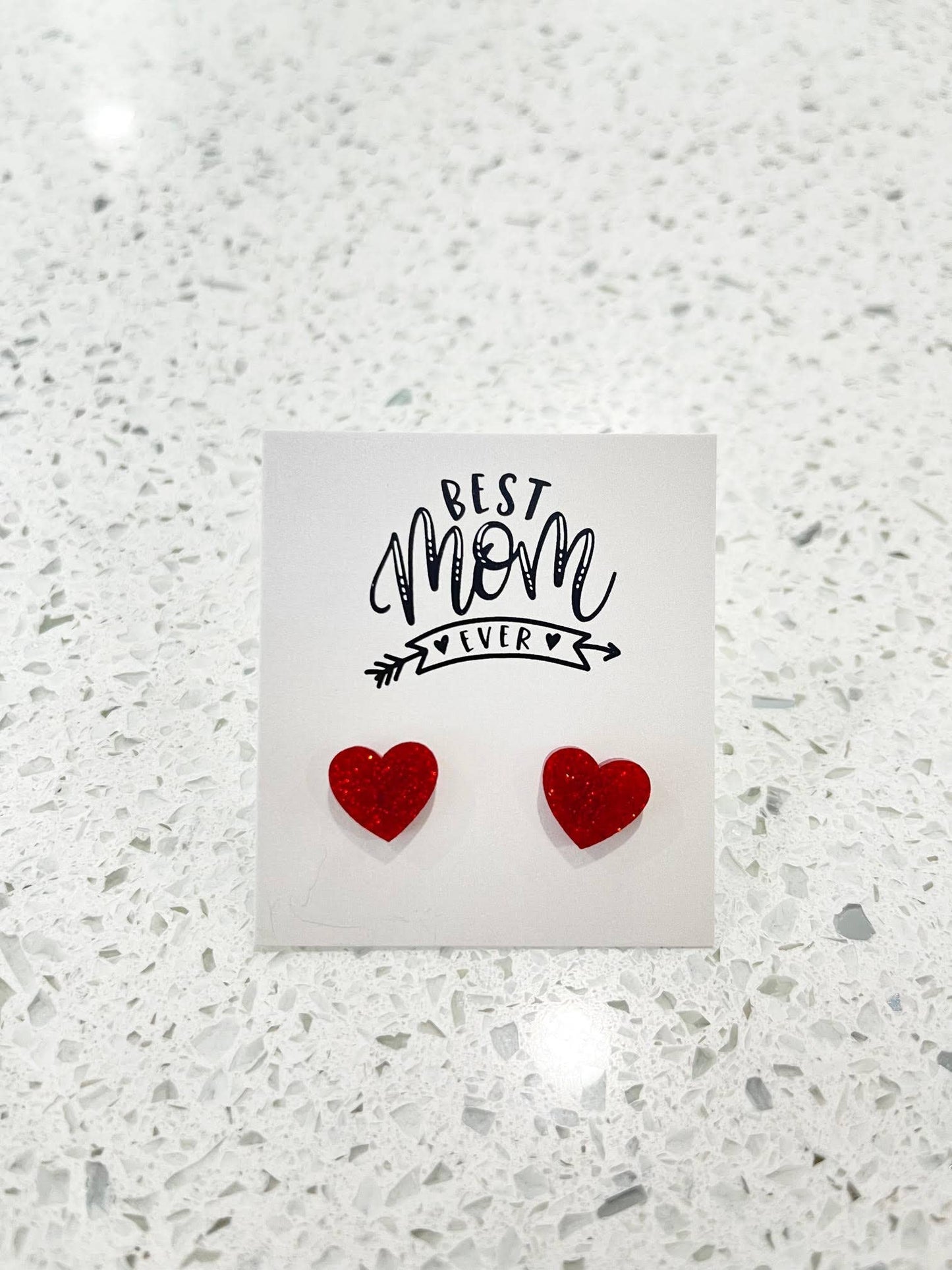 Red Glitter Heart Studs, Best Mom Ever, Jewelry, Christmas