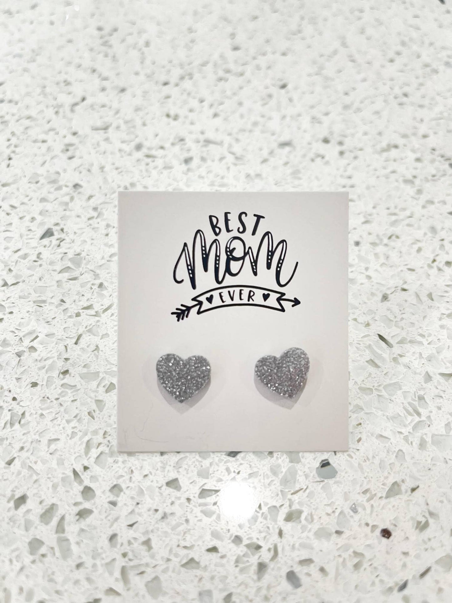 Silver Glitter Heart Studs, Best Mom Ever, Christmas Gifts