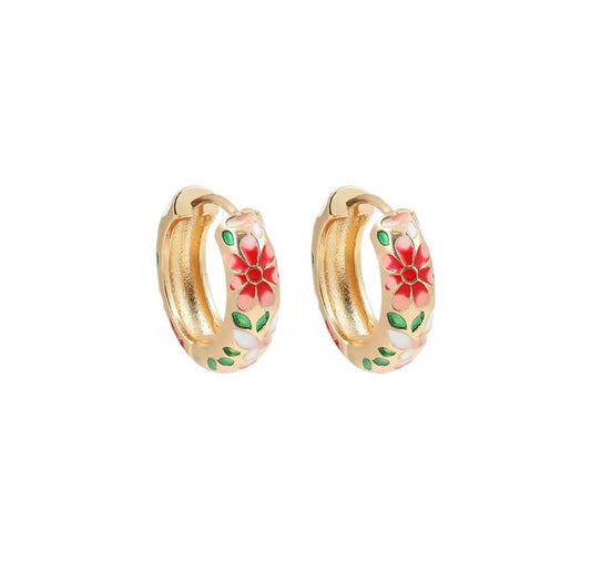 Gold Floral Enamel Hoops
